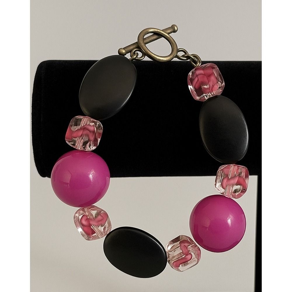 Women's Chunky Pink & Black Round Stretchy Slip On Beaded Bracelet Feminine Glam